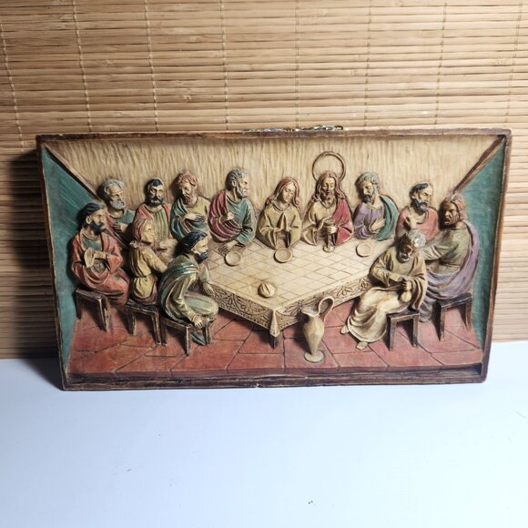 The Last Supper 3D Heavy Resin Wall Plaque 12.5x7.25" Colourful Italy Vintage - Picture 1 of 9